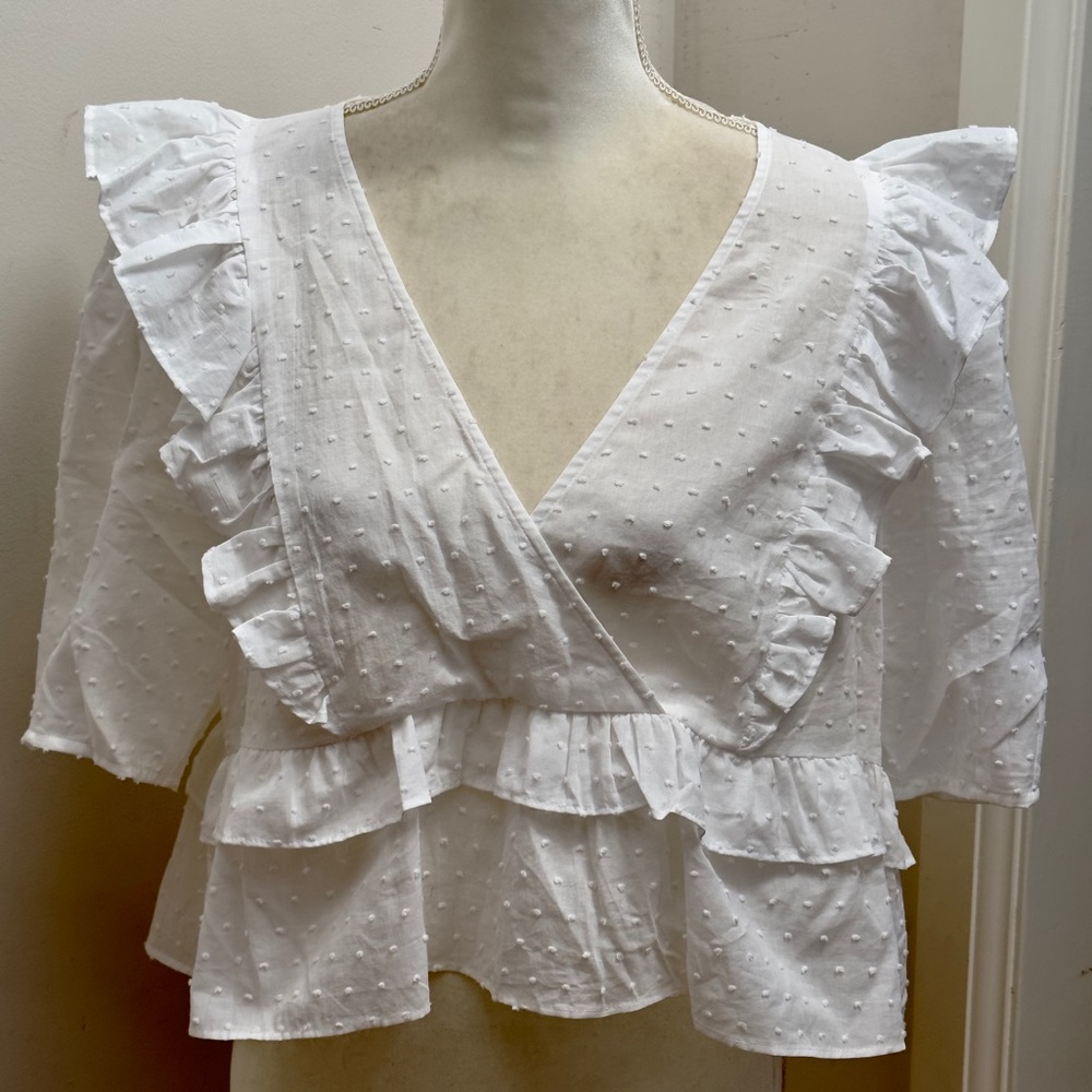 WAYF White Peplum Lovely Dot Ruffle Top, size M